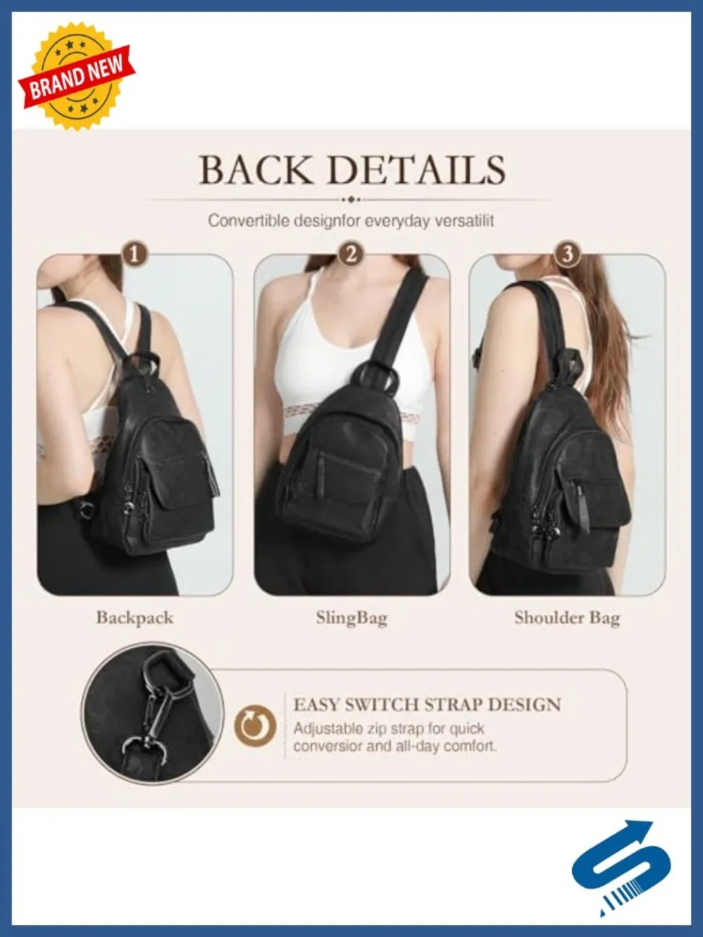 Small Convertible PU Leather Backpack Purse for Women - Sling Bag
